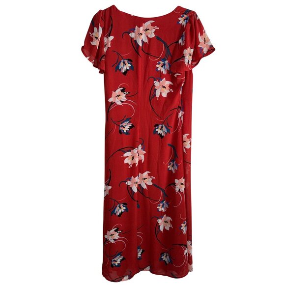 Red Floral Wrap Midi Dress With Flutter Sleeves By Row A - Size M - Picture 3 of 6